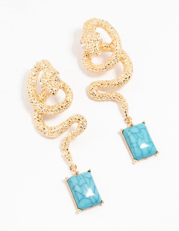 Gold & Blue Snake Stone Drop Earrings