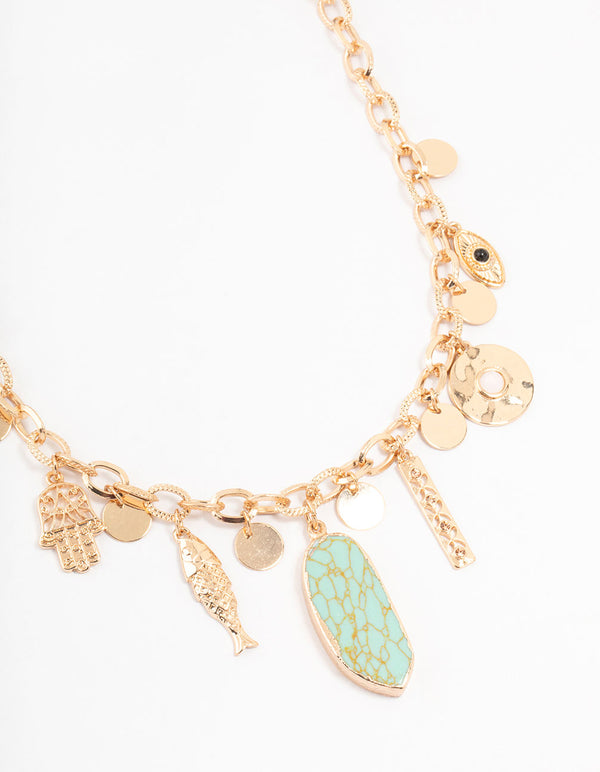 Gold & Aqua Mixed Charm Necklace