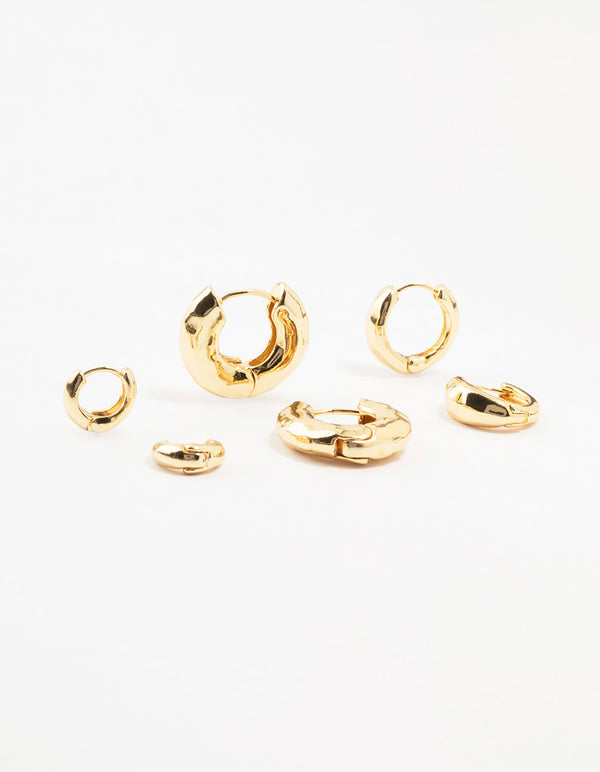 Gold Plated Brass Hammered Graduating Hoop Earrings 3-Pack