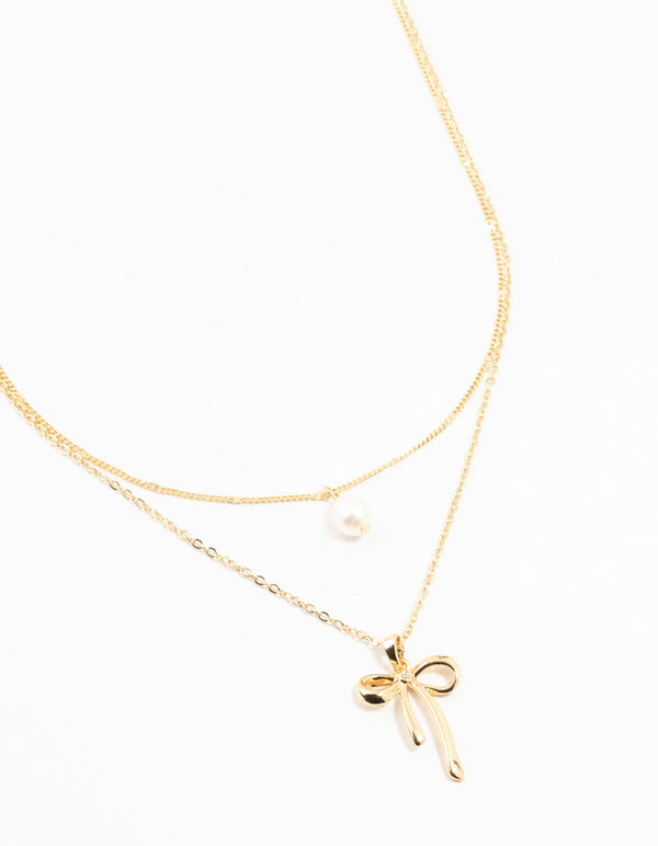 Gold Plated Brass Bow & Pearl Layered Necklace