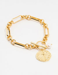 Gold Plated Brass Rectangular Link With Coin Bracelet - link has visual effect only