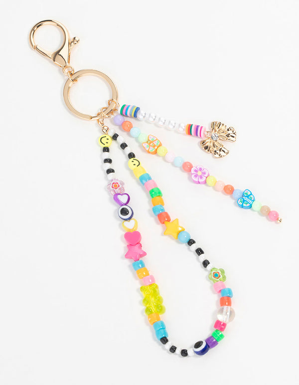 Rainbow Beaded & Gold Bow Keychain