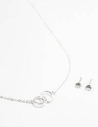 Silver Linked Circle Necklace & Stud Earrings Set - link has visual effect only