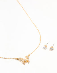 Gold Cubic Zirconia Butterfly Necklace & Stud Earrings Set - link has visual effect only