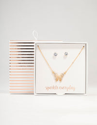 Gold Cubic Zirconia Butterfly Necklace & Stud Earrings Set - link has visual effect only