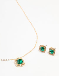 Gold Square Halo Green Diamante Necklace & Stud Earrings Set - link has visual effect only