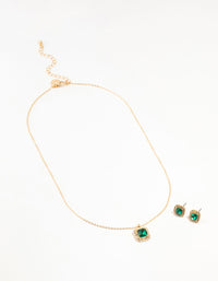 Gold Square Halo Green Diamante Necklace & Stud Earrings Set - link has visual effect only