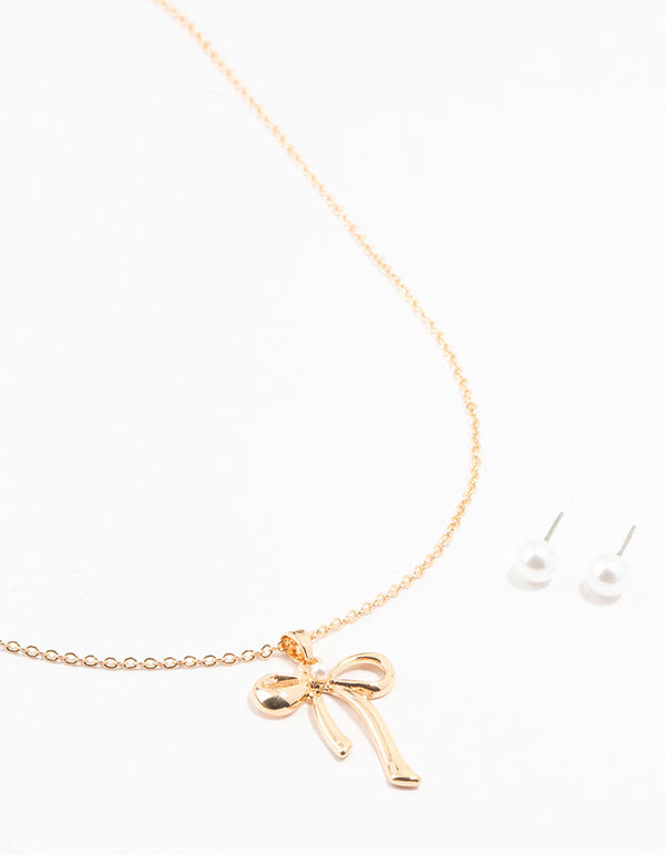 Gold Pearl Bow Necklace & Stud Earrings Set