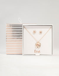 Rose Gold Diamante Flower Necklace & Stud Earrings Set - link has visual effect only