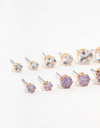 Gold Round Silver & Purple Cubic Zirconia Stud Earrings 6-Pack - link has visual effect only