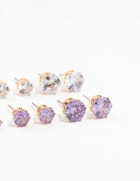 Gold Round Silver & Purple Cubic Zirconia Stud Earrings 6-Pack - link has visual effect only