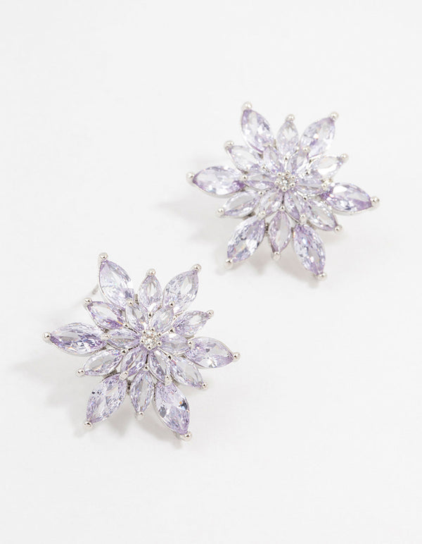 Silver Purple Cubic Zirconia Flower Stud Earrings