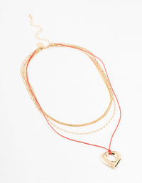 Gold & Red Cord Heart Layered Necklace - link has visual effect only