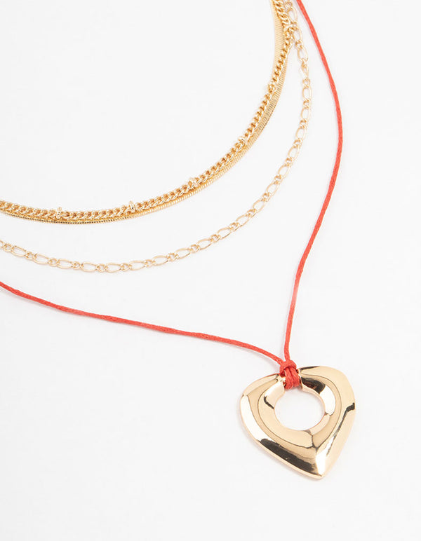 Gold & Red Cord Heart Layered Necklace