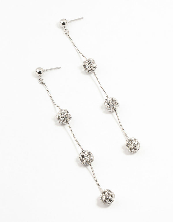 Silver 3 Row Diamante Ball Drop Earrings