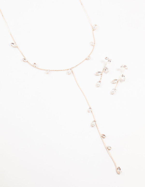 Rose Gold Leaves & Flowers Earrings & Y-Necklace Set