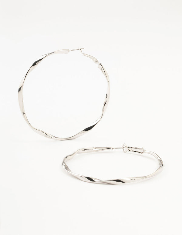 Silver Thin Smooth Twisted Hoop Earrings