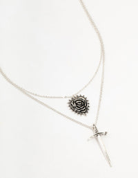 Antique Silver Dagger & Heart Layered Necklace - link has visual effect only