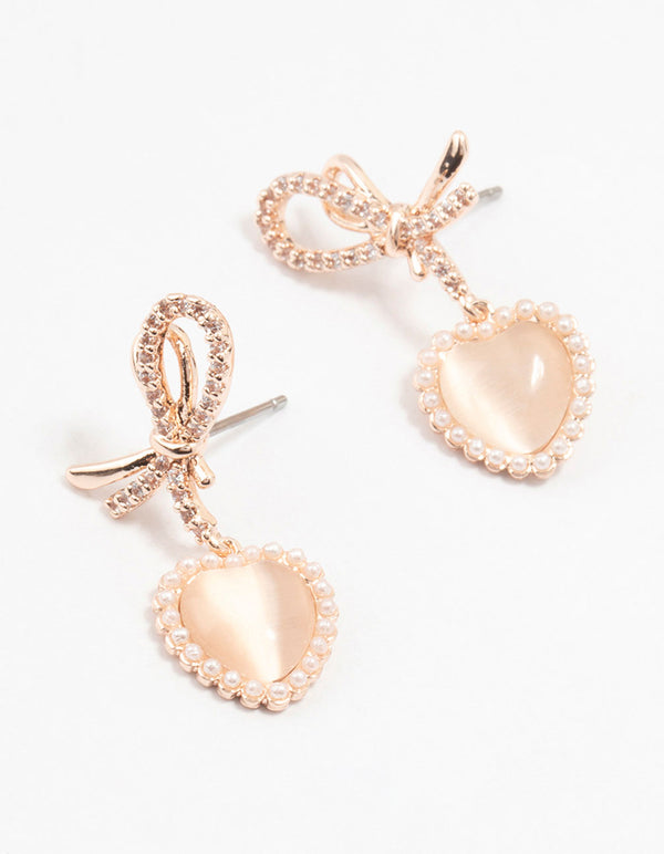 Rose Gold Plated Pearl Halo Heart Drop Earrings