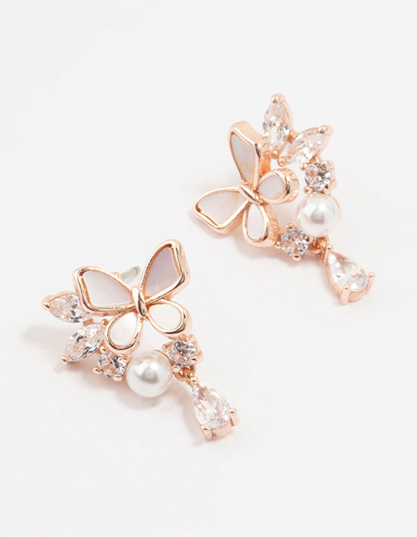 Rose Gold Plated Butterfly Pearl Mini Drop Earrings