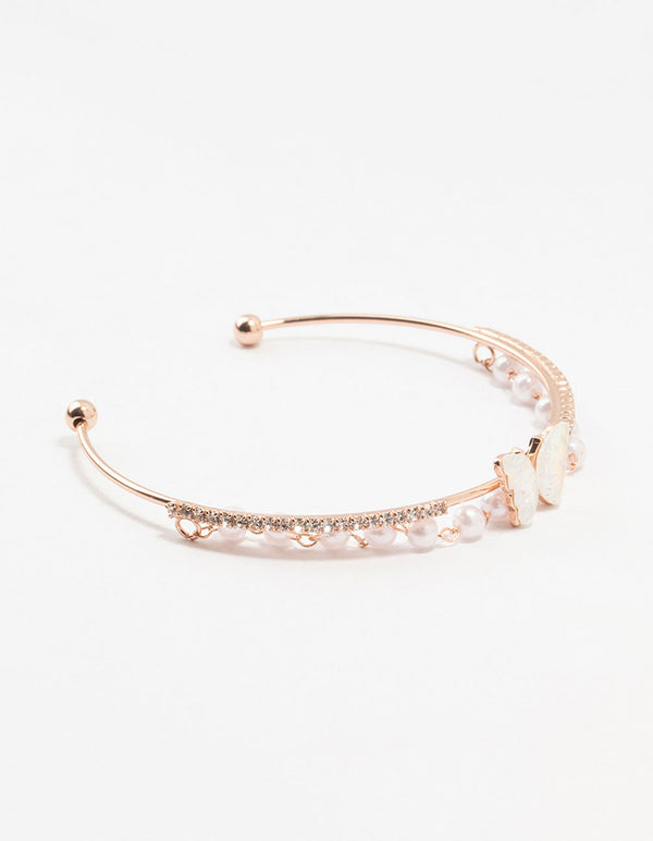 Rose Gold Plated Mother Of Pearl Butterfly & Pearl Wrist Cuff