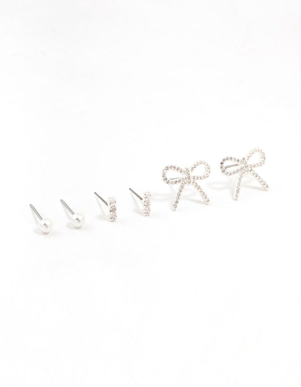 Pearl & Bow Cubic Zirconia Stud Earrings Pack