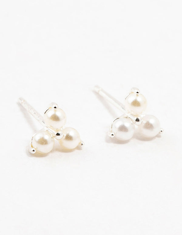 Sterling Silver Pearl Trio Stud Earrings