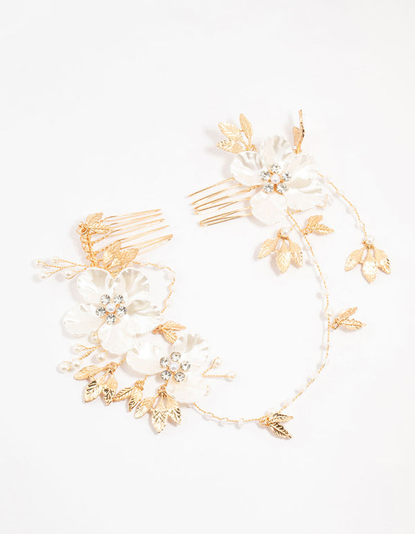 Gold Pearlised Flower Trio Draped Comb Head Piece