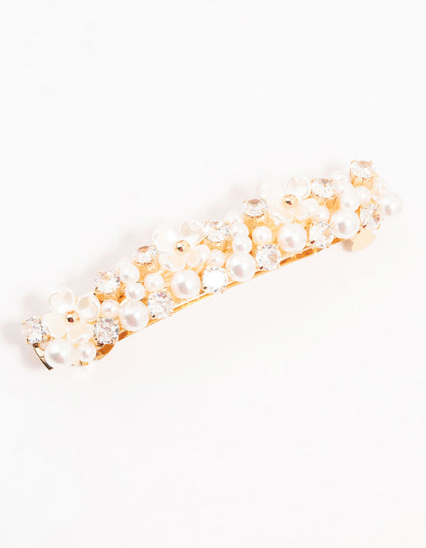 Pearl & Cubic Zirconia Flower Gold Hair Clip