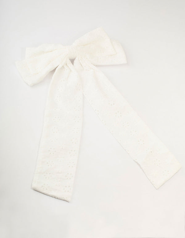 Large White Fabric Broderie Bow Clip