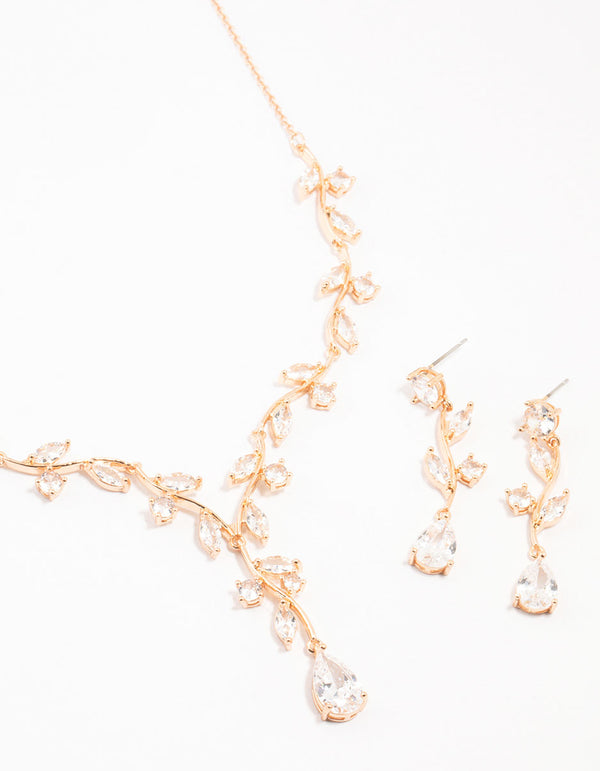 Gold Creeping Crystal Roses Necklace & Earrings Set