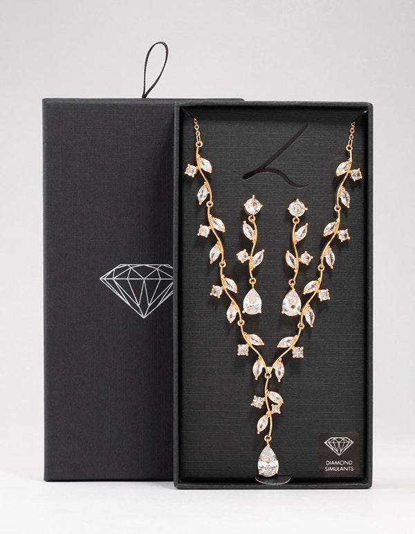 Gold Creeping Crystal Roses Necklace & Earrings Set