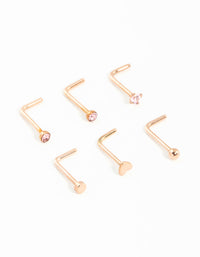 Rose Gold Plated Surgical Steel Heart & Diamante Nose Studs 6-Pack - link has visual effect only