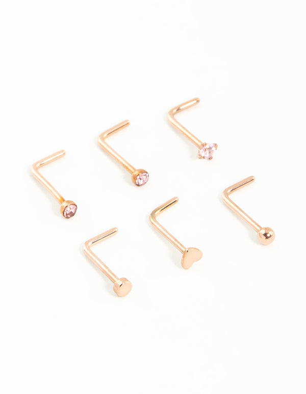 Rose Gold Plated Surgical Steel Heart & Diamante Nose Studs 6-Pack