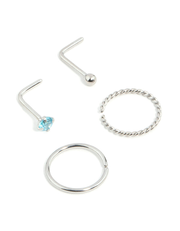 Surgical Steel Twisted Nose Rings & Cubic Zirconia Nose Stud 4-Pack