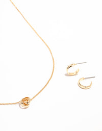 Gold Mini Sphere Pendant Necklace & Sleek Hoop Earrings Set - link has visual effect only