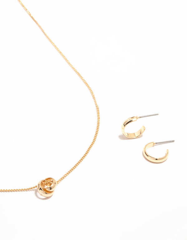 Gold Mini Sphere Pendant Necklace & Sleek Hoop Earrings Set