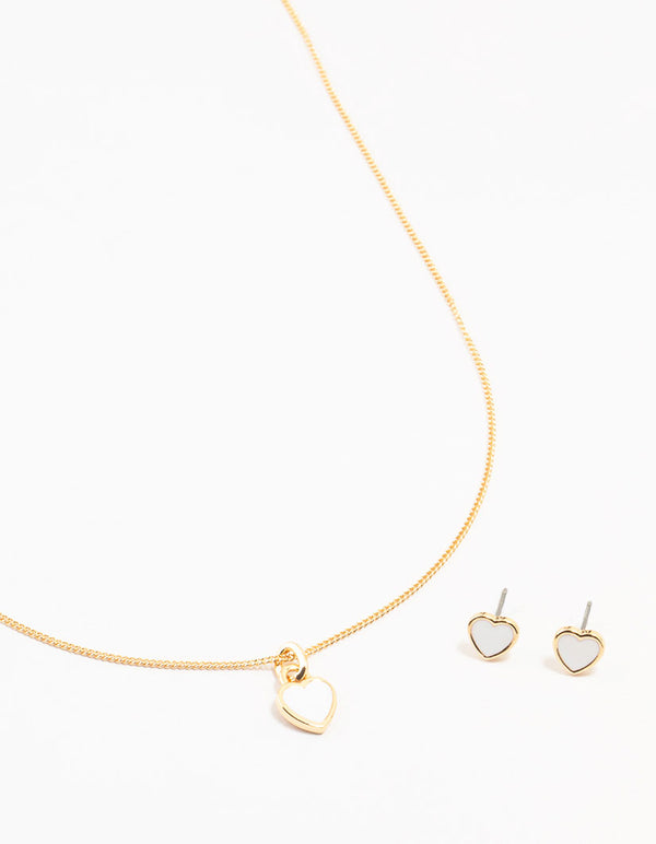 Gold Enamel Heart Necklace & Earrings Set