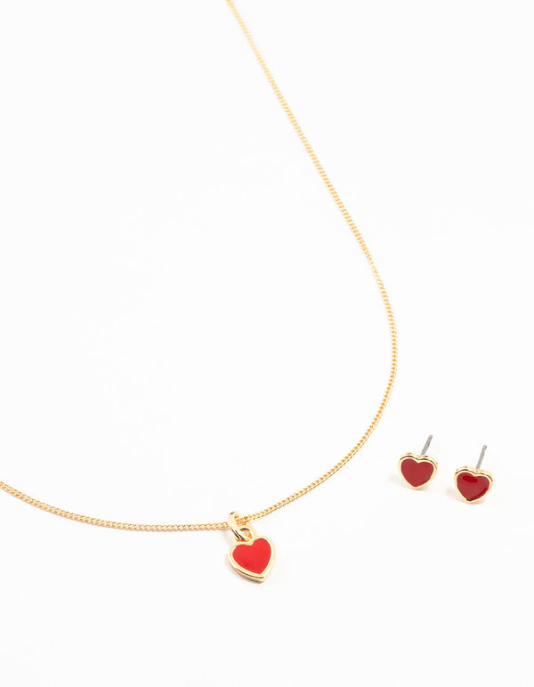 Red Enamel Heart Gold Necklace & Earrings Set