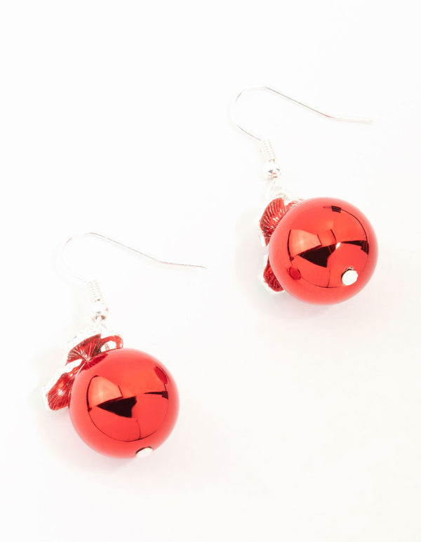 Red Bauble Mistletoe Silver Drop Earrings