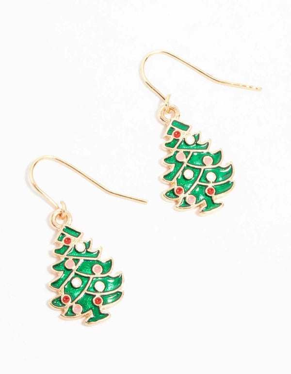 Green Enamel Tree Drop Earrings