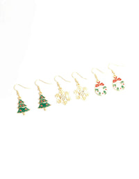 Wreath, Tree & Snowflake Drop Earrings 3-Pack - link has visual effect only