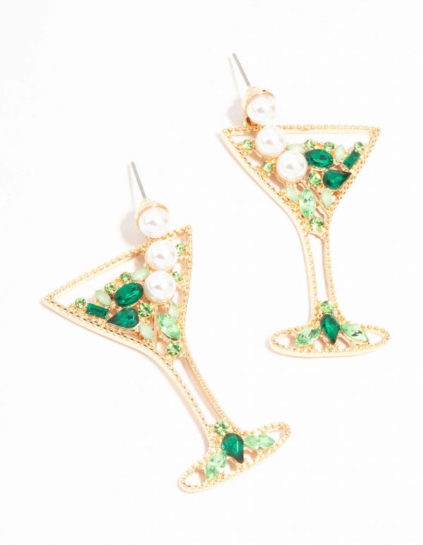 Green Diamante & Pearls Cocktail Earrings