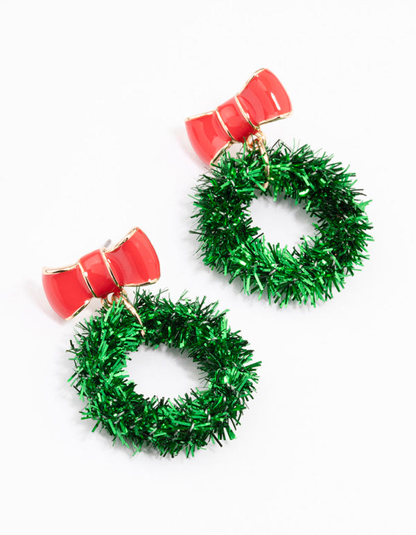 Green Tinsel Wreath Drop Earrings