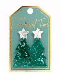 Green Acrylic With Silver Star Tree Earrings - link has visual effect only