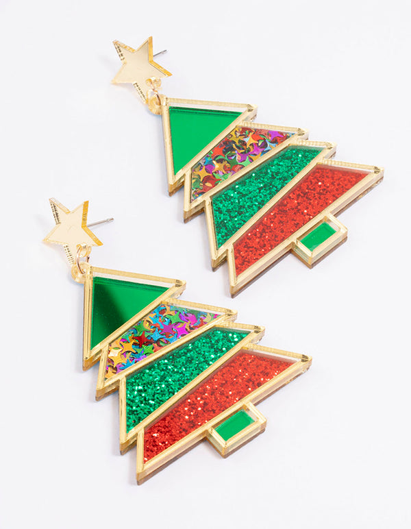 Red & Green Acrylic Tree Gold Drop Earrings