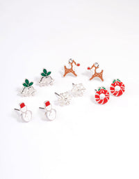 Snowman & Wreath Enamel Stud Earrings 5-Pack - link has visual effect only