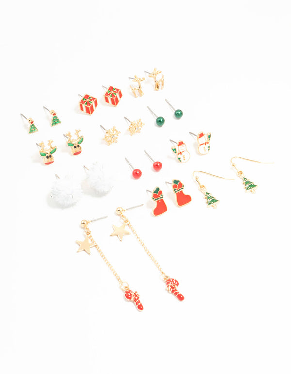 Candy Cane & Reindeer Mixed Stud Earrings 12-Pack