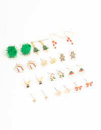 Red Bow & Reindeer Stud Gold Earrings 12-Pack - link has visual effect only