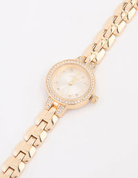 Small Gold Diamante Round Strap Watch - link has visual effect only